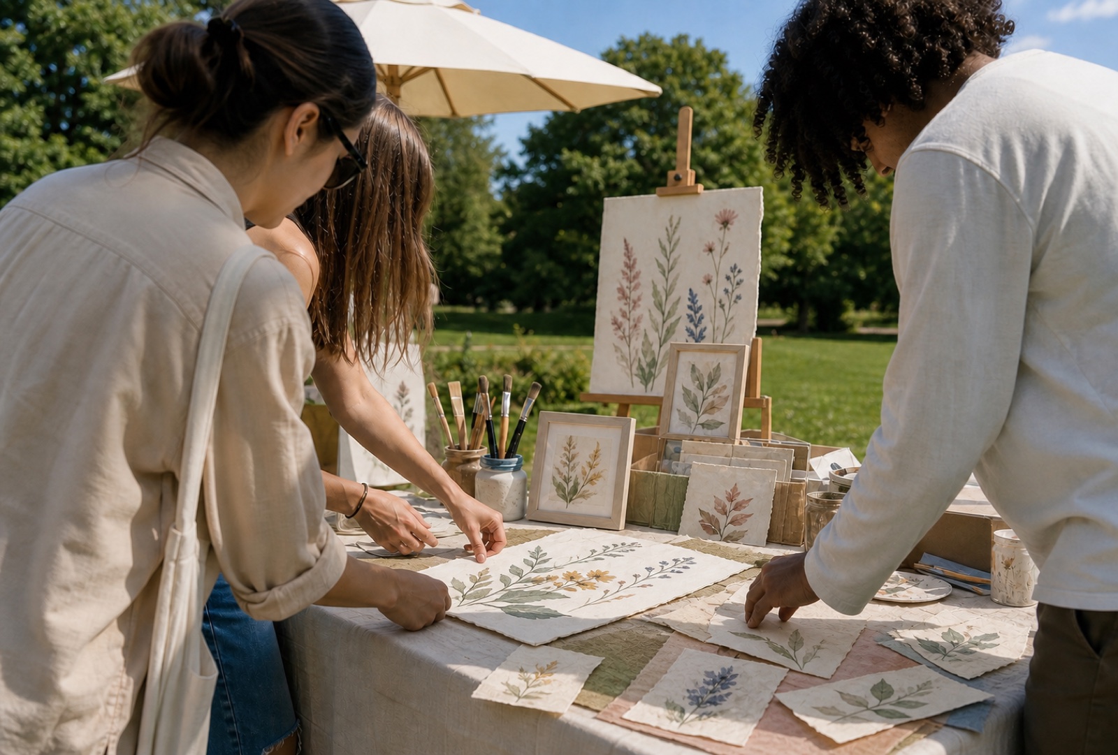 Guests looking through botanical works at an artist’s table